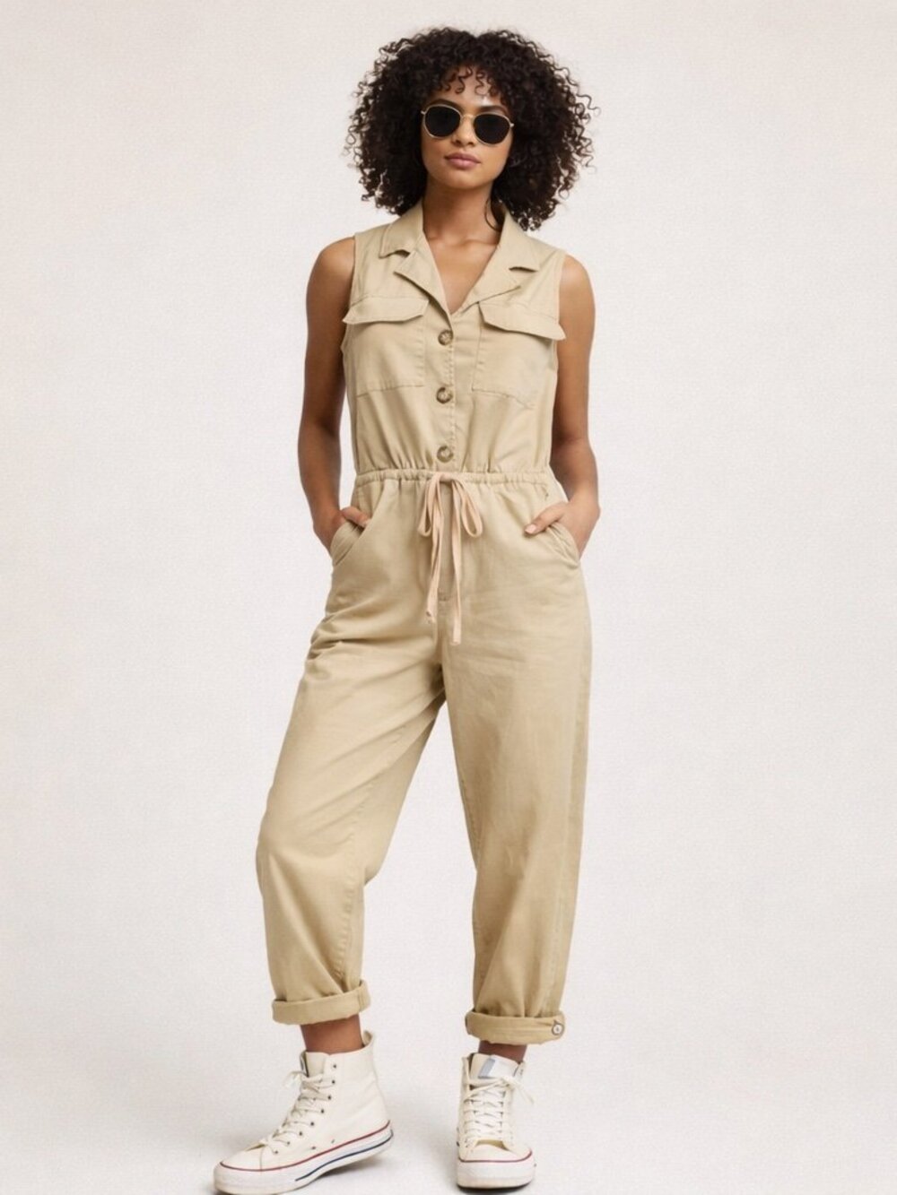 Wild Fable Beige Utility Jumpsuit Sleeveless Button Front Drawstring Casual XS